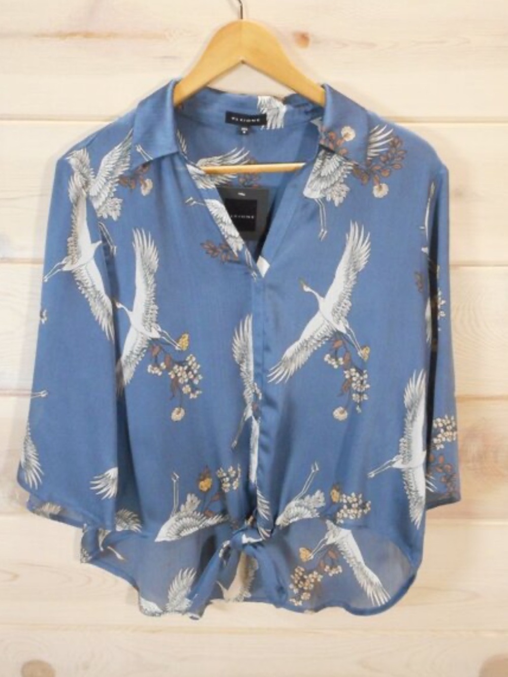Pleione Blue Crane Print Button-Front Blouse